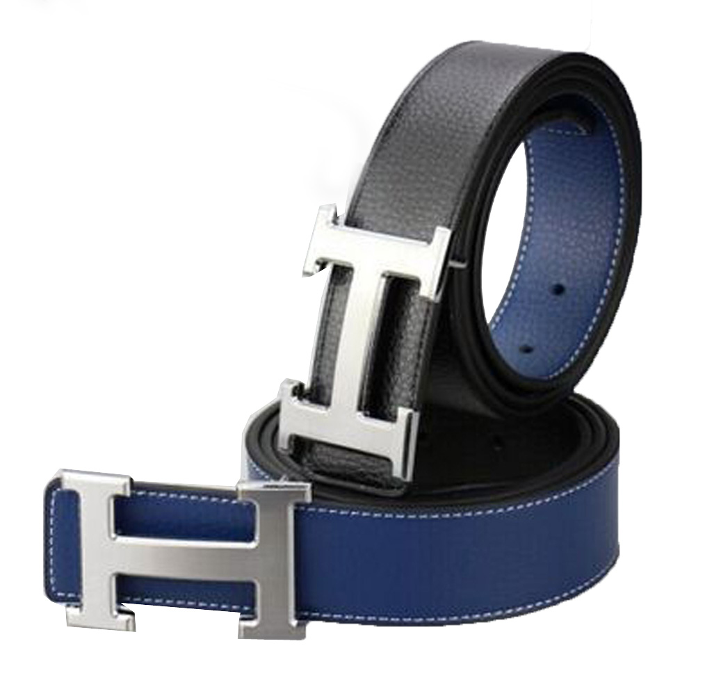 Mens Blue Hermes H Silver Buckle Belt zavael.com